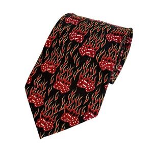 Red Silk Necktie Tie 59" Flaming Flame Dice Las Vegas Gambler Lucky Casino Fire